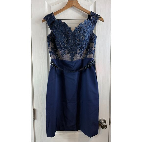 JJ's House Dark Navy Off The Shoulder Crepe Lace Cocktail Dress Women's 10 - Picture 1 of 12